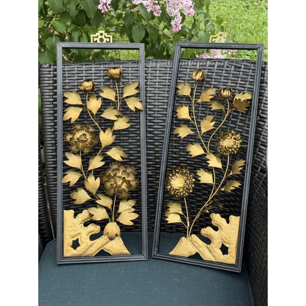VTG Brass Metal MCM 3D Floral Wall Plaques Set Of 2 Wood Frame Hanging 20"x 8"
